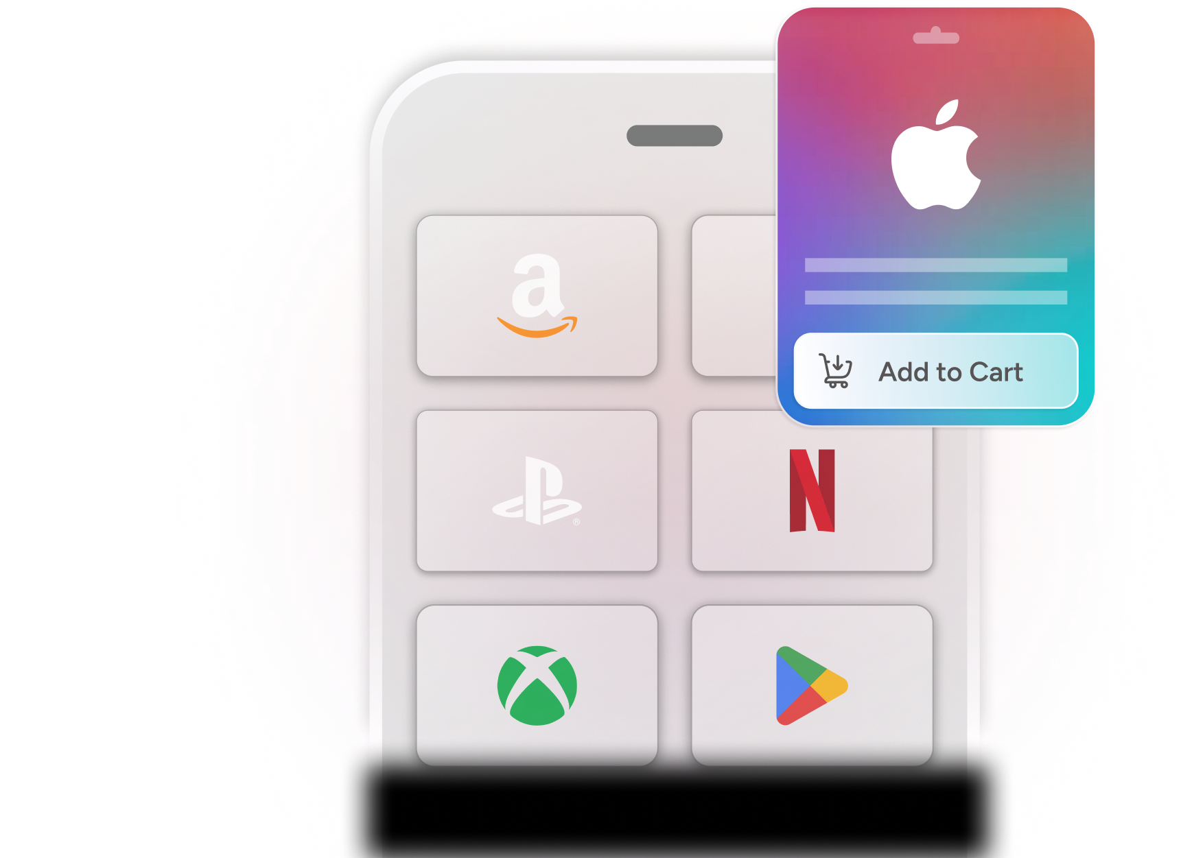 Smartphone displaying various app logos, including Amazon, PlayStation, Netflix, Xbox, and Google Play, with an Apple Gift Card and an 'Add to Cart' button.